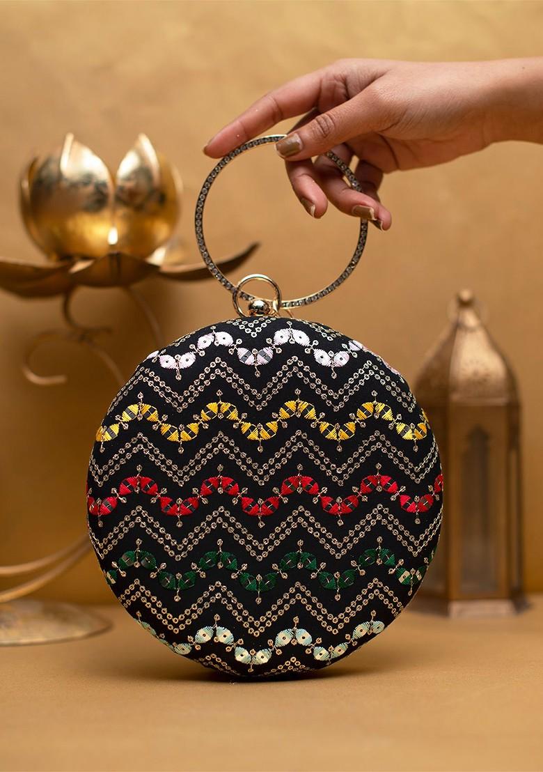 Black Satin Embroidered Box Clutch - Indya