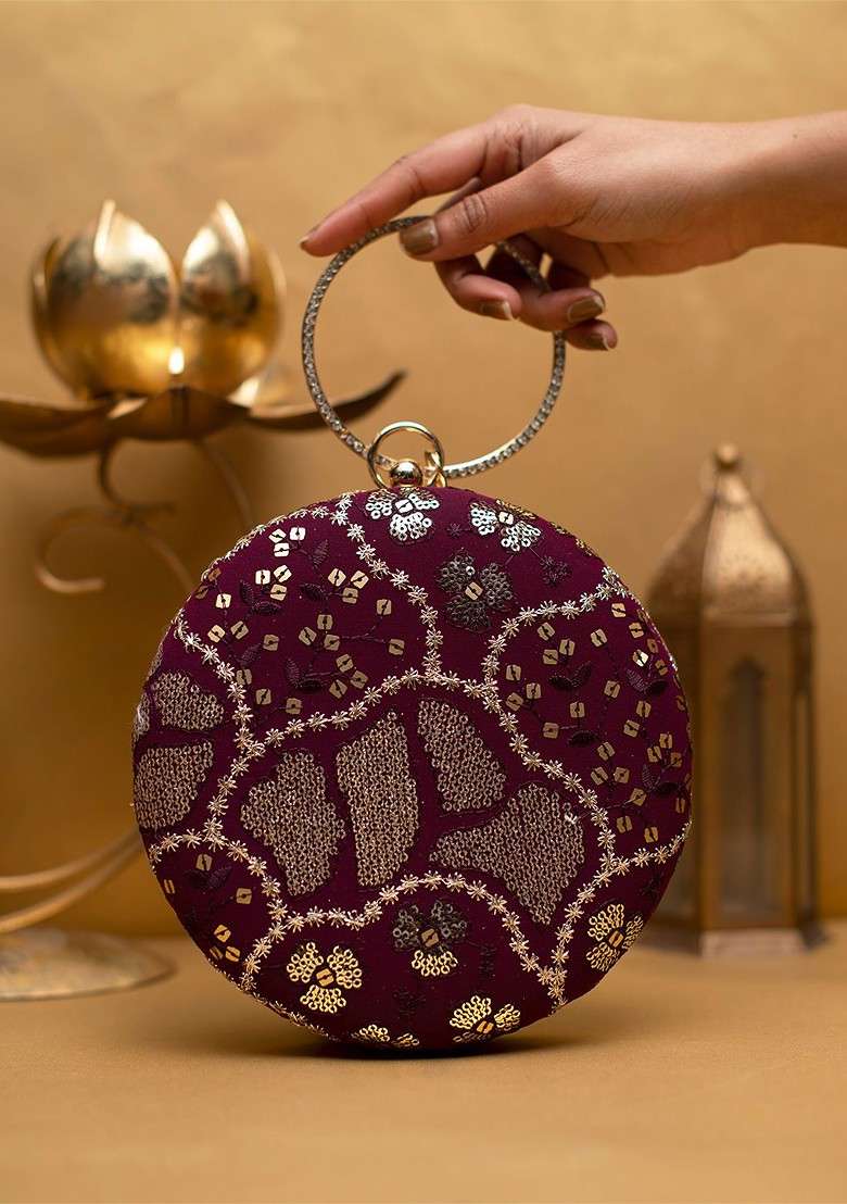 Maroon Satin Embroidered Box Clutch - Indya