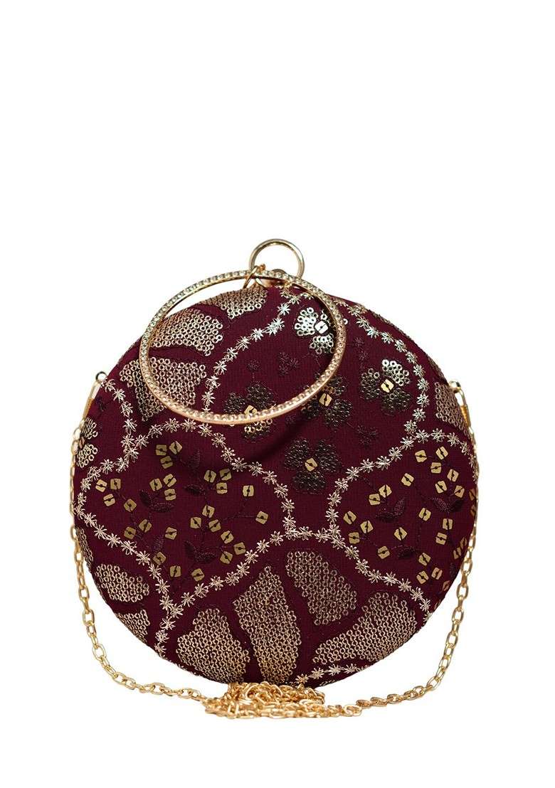 Maroon Satin Embroidered Box Clutch - Indya