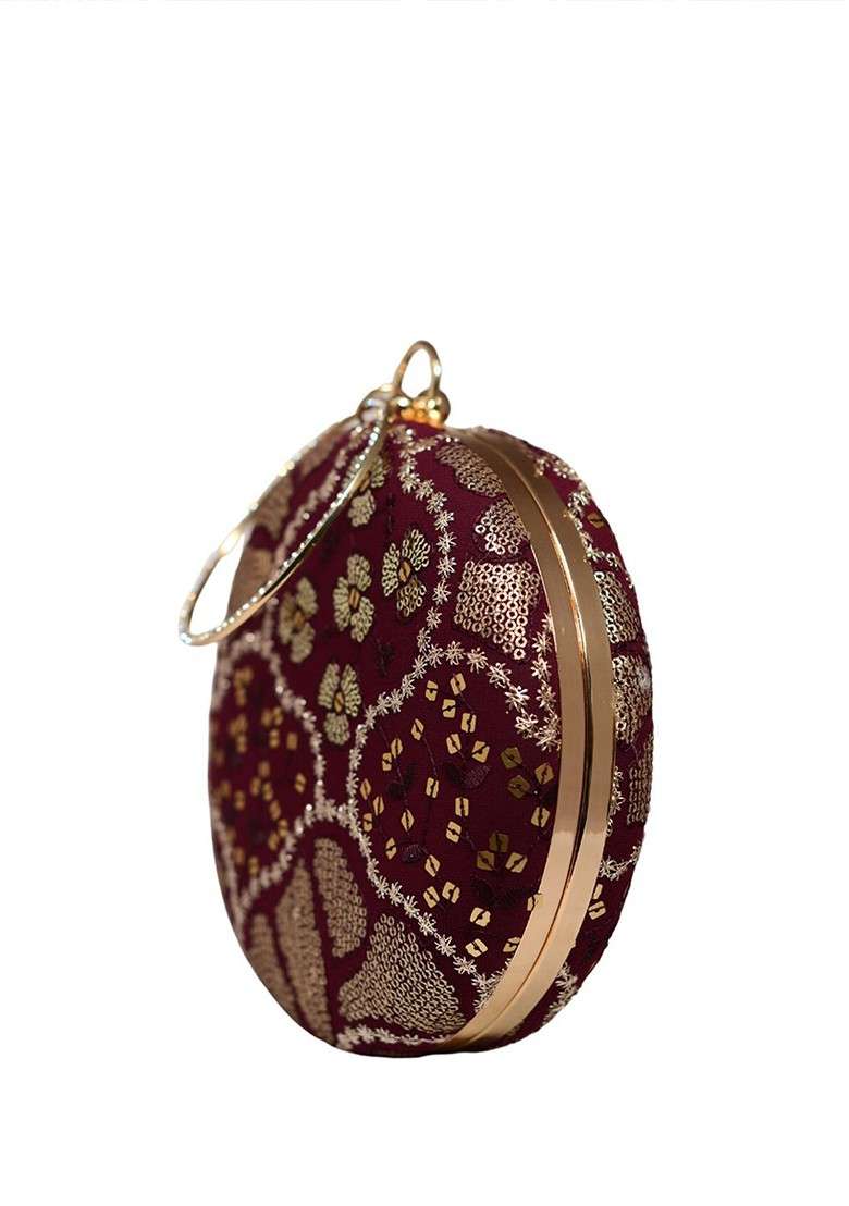Maroon Satin Embroidered Box Clutch - Indya