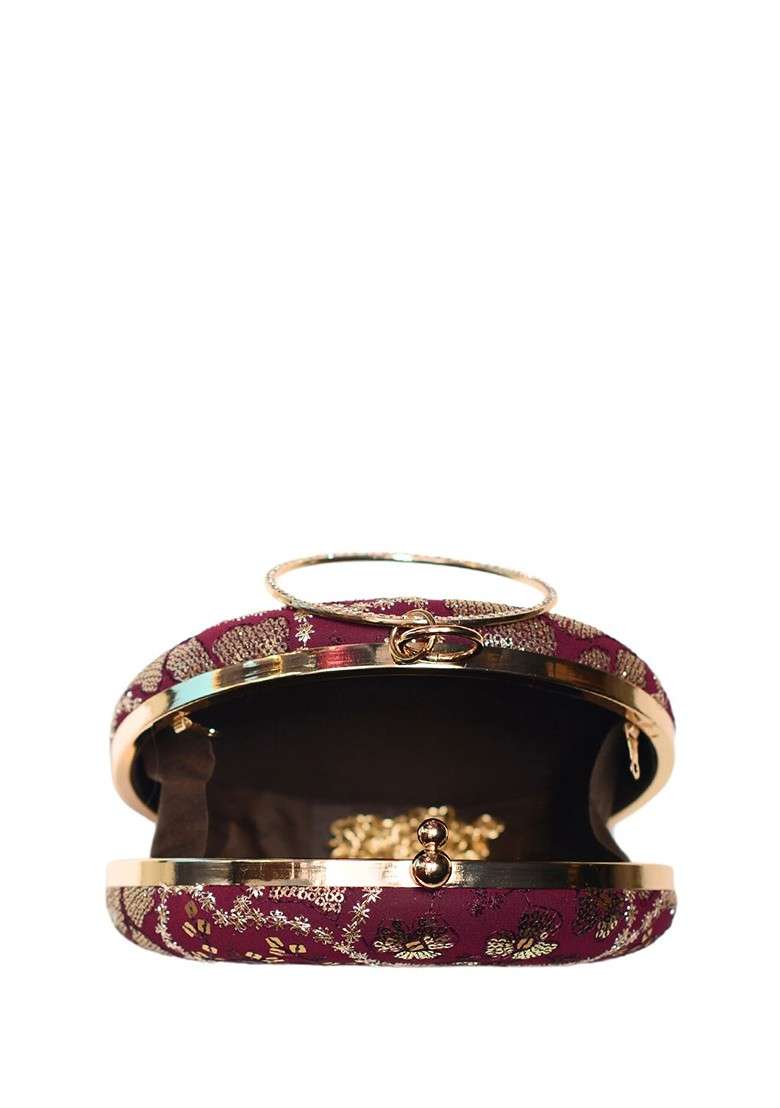 Maroon Satin Embroidered Box Clutch - Indya