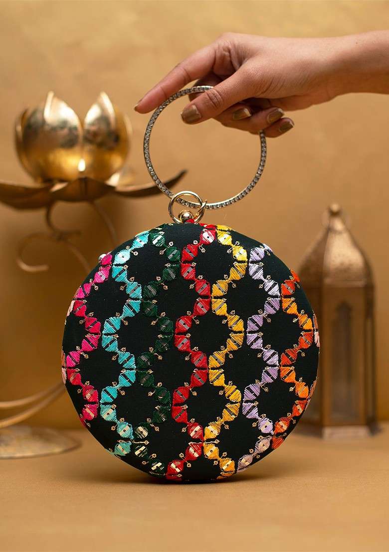 Black Satin Embroidered Box Clutch - Indya