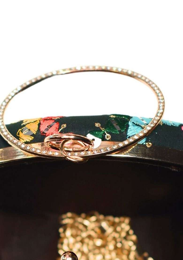 Black Satin Embroidered Box Clutch - Indya