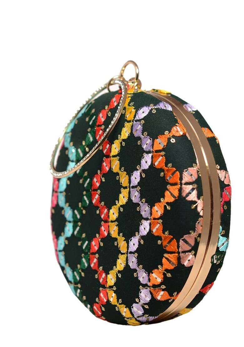 Black Satin Embroidered Box Clutch - Indya