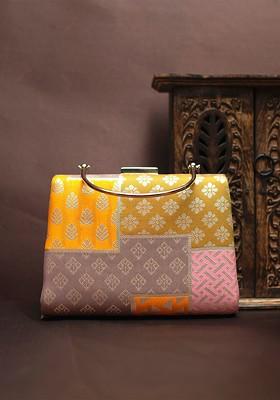 Silver Satin Self Design Brocade Party Box Clutch