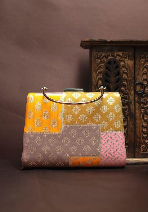 Silver Satin Self Design Brocade Party Box Clutch