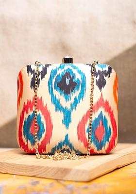 Cream Fabric Geometric Printed Ikkat Box Clutch