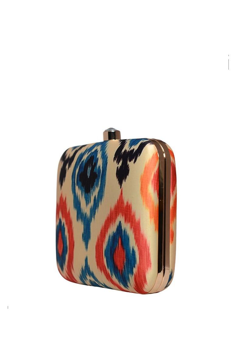 Cream Fabric Geometric Printed Ikkat Box Clutch - Indya