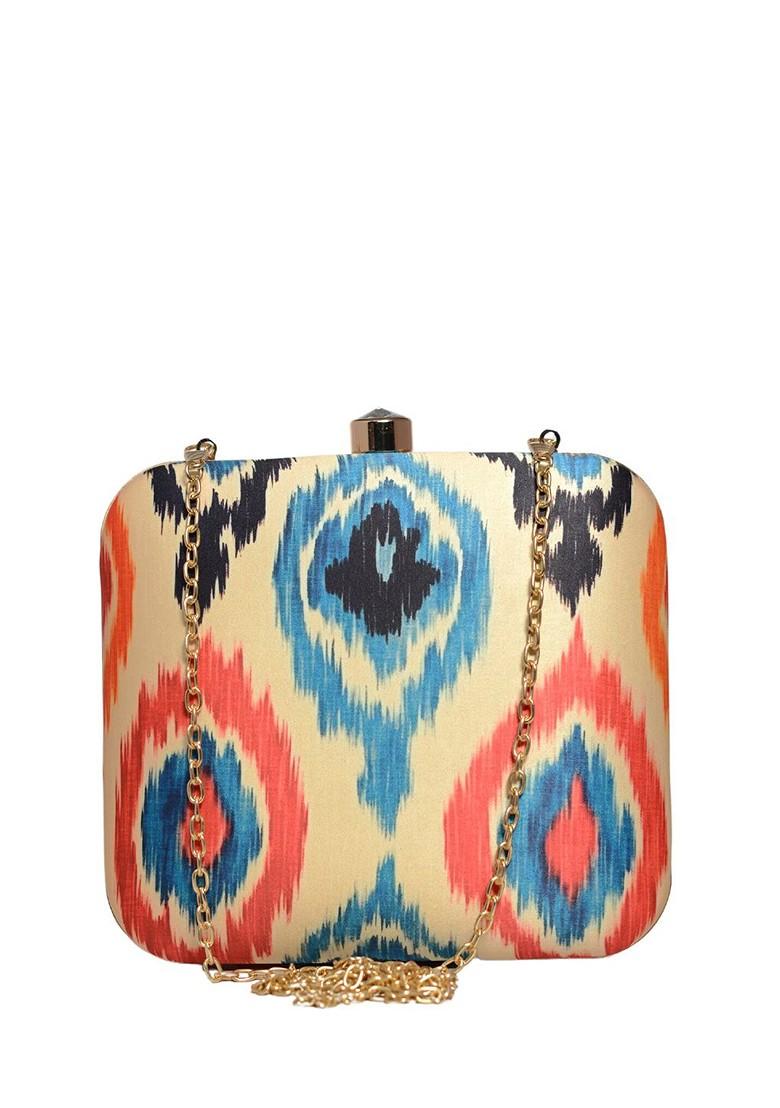 Cream Fabric Geometric Printed Ikkat Box Clutch - Indya