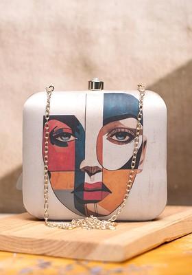 Cream Fabric Graphic Printed Box Clutch