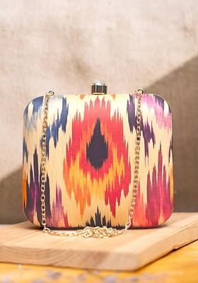 Beige Fabric Ikat Printed Box Clutch