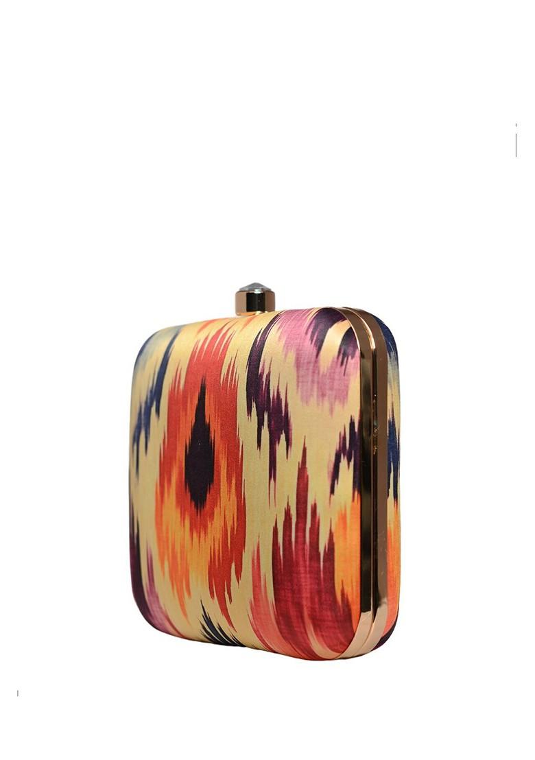 Beige Fabric Ikat Printed Box Clutch - Indya