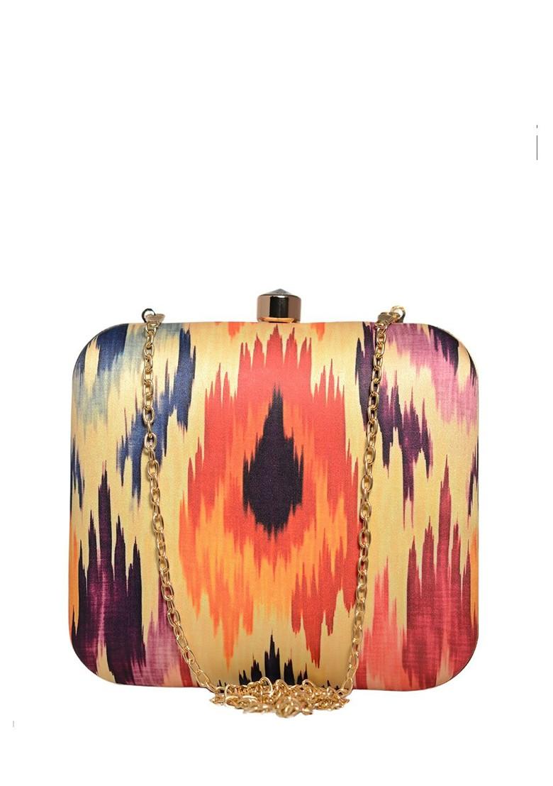 Beige Fabric Ikat Printed Box Clutch - Indya