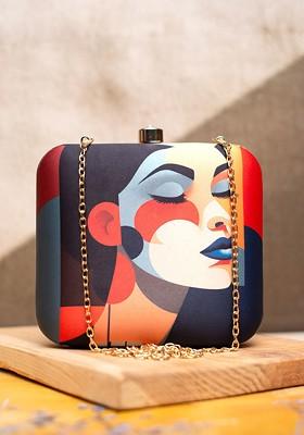 Navy Blue Fabric Printed Box Clutch