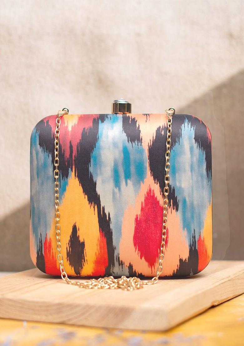 Blue Fabric Ikat Printed Box Clutch - Indya