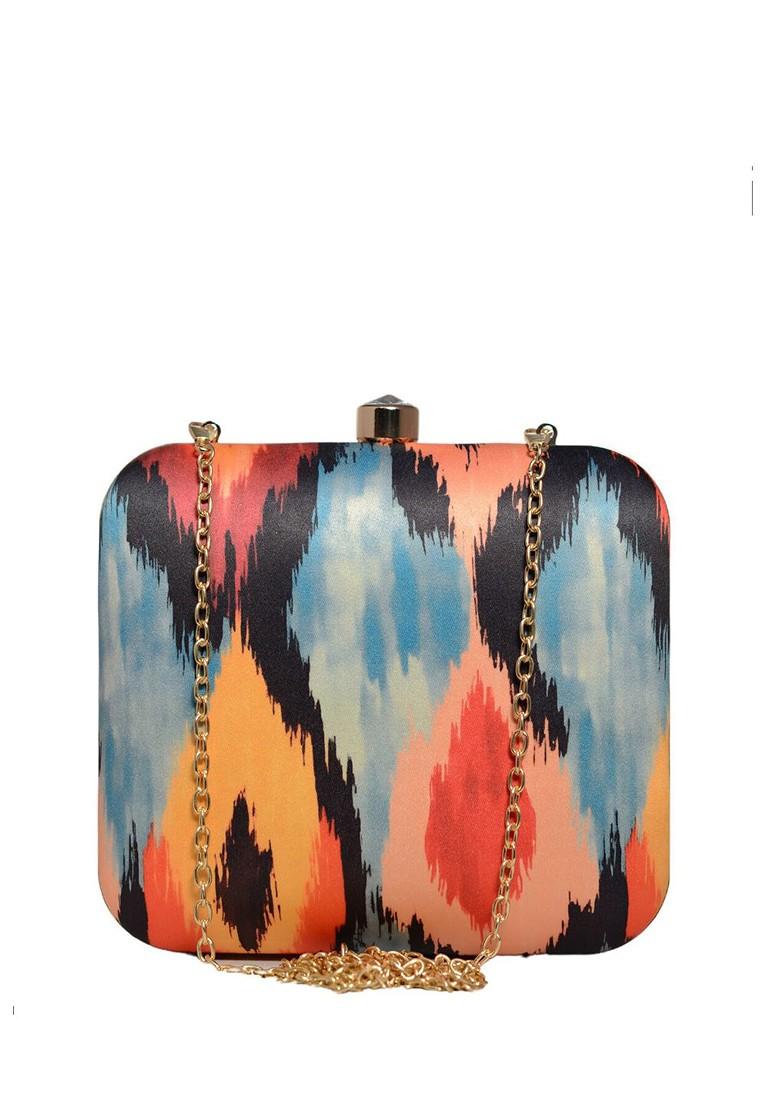 Blue Fabric Ikat Printed Box Clutch - Indya