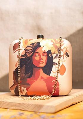 Beige Fabric Graphic Printed Box Clutch