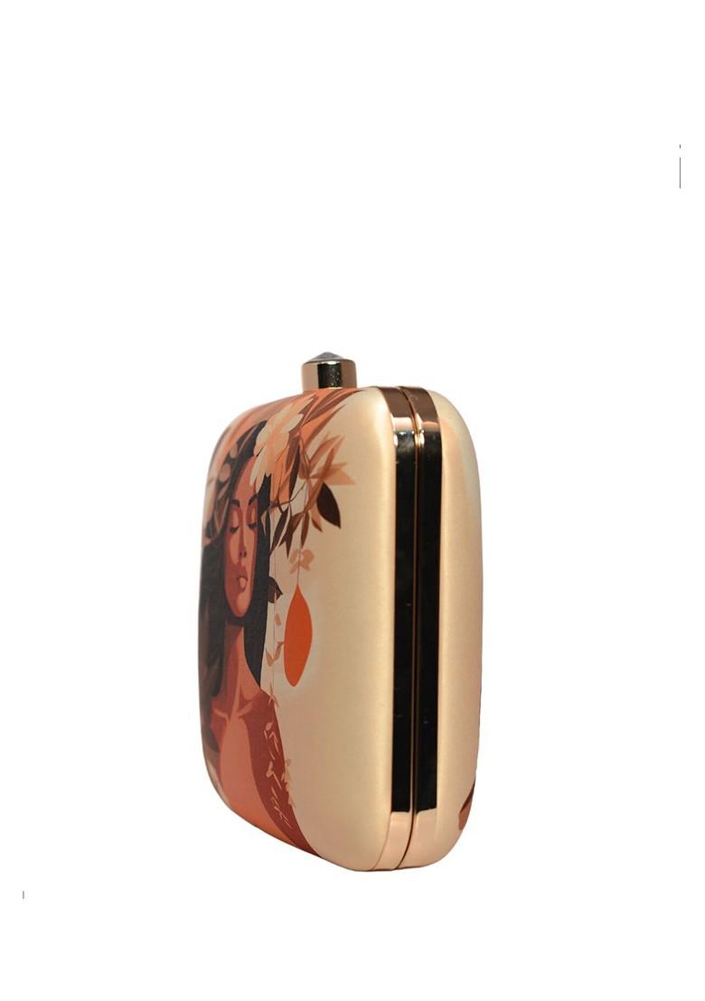 Beige Fabric Graphic Printed Box Clutch - Indya