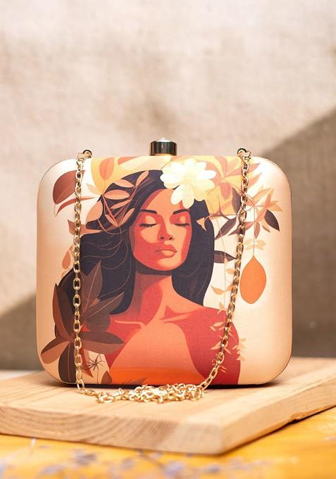 Beige Fabric Graphic Printed Box Clutch