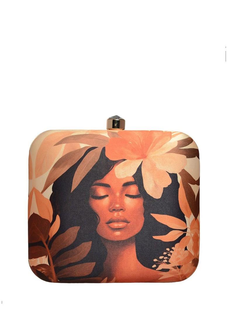 Beige Fabric Portrait Printed Box Clutch - Indya