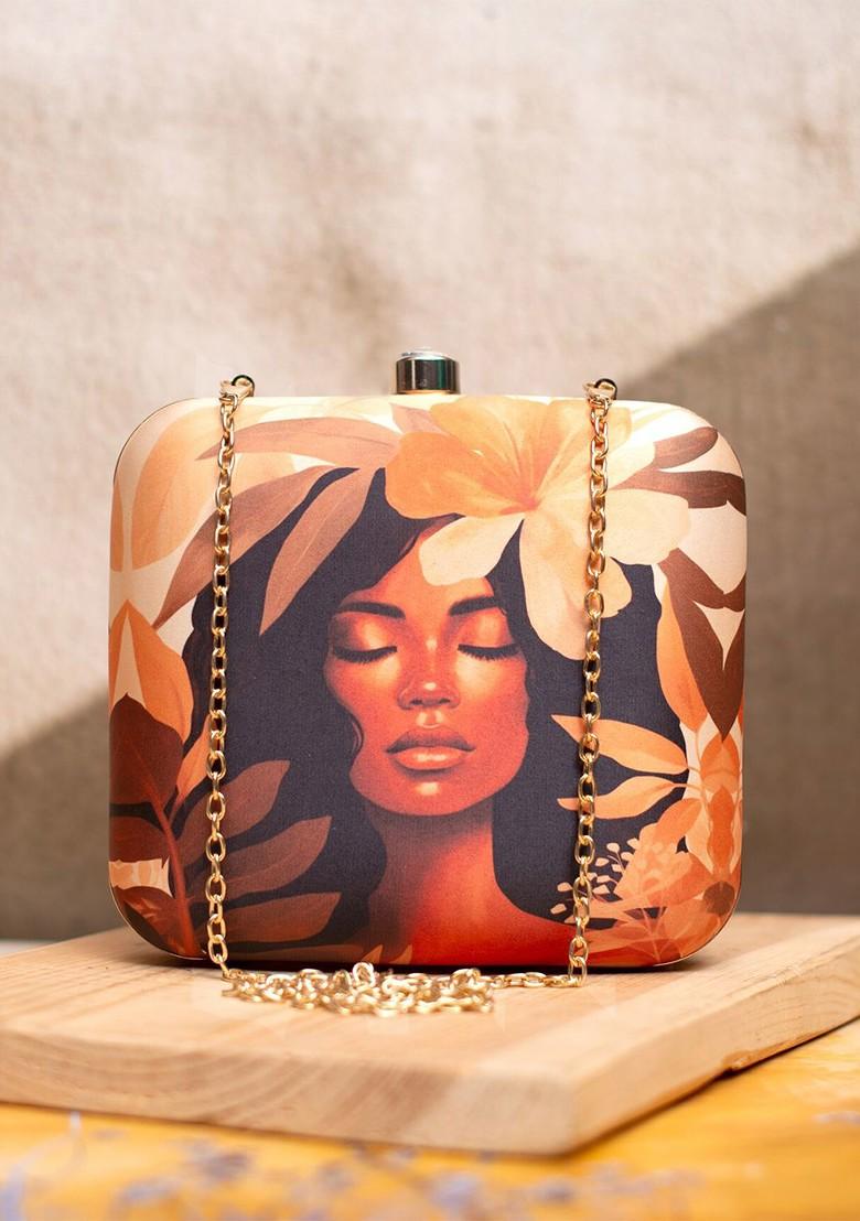 Beige Fabric Portrait Printed Box Clutch - Indya