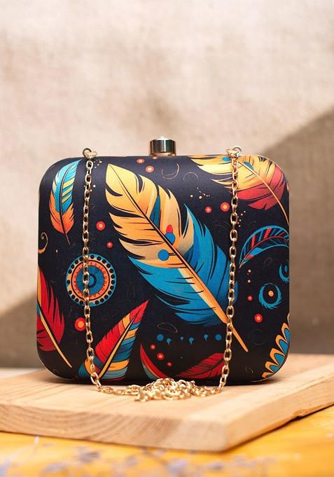 Black Fabric Printed Box Clutch