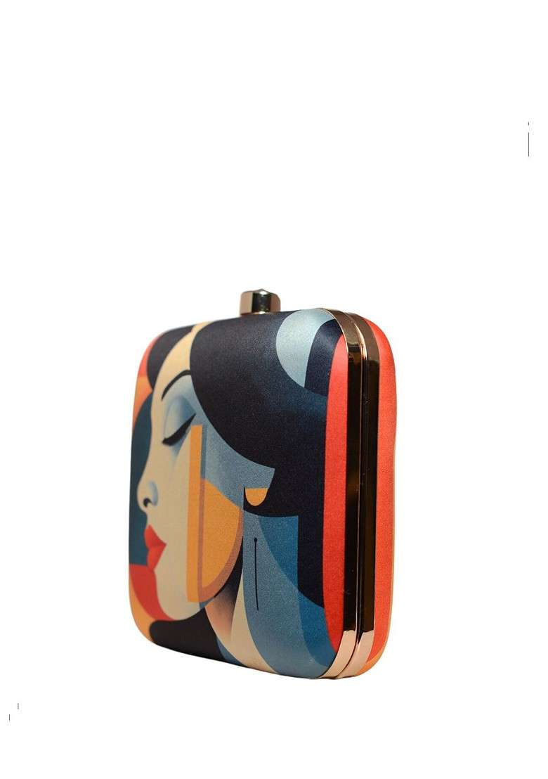 Beige Fabric Graphic Printed Box Clutch - Indya