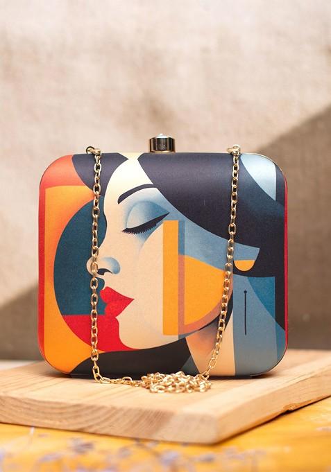 Beige Fabric Graphic Printed Box Clutch