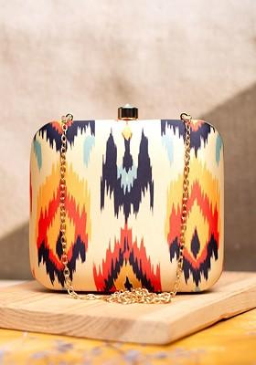 Beige Fabric Ikat Printed Box Clutch