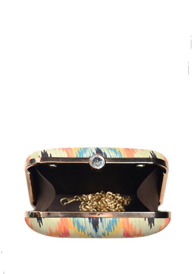Beige Fabric Ikat Printed Box Clutch - Indya
