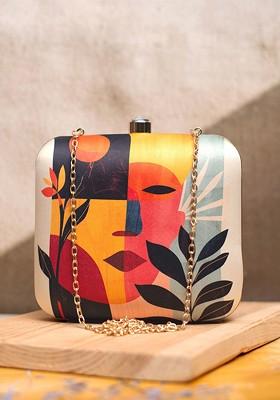 Off White Fabric Printed Box Clutch