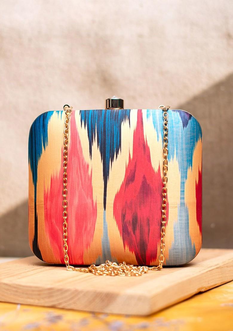 Beige Fabric Ikat Printed Box Clutch - Indya