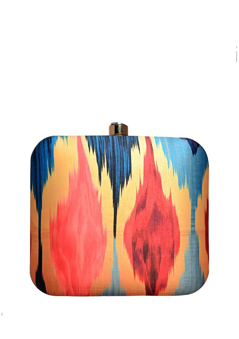 Beige Fabric Ikat Printed Box Clutch - Indya