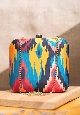 Blue Fabric Geometric Printed Ikkat Box Clutch