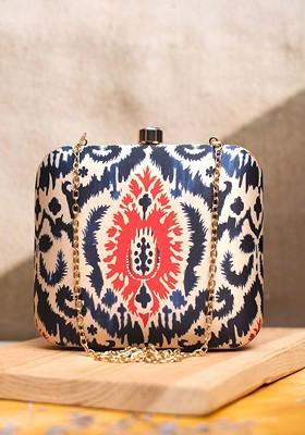 White Fabric Ikkat Printed Box Clutch