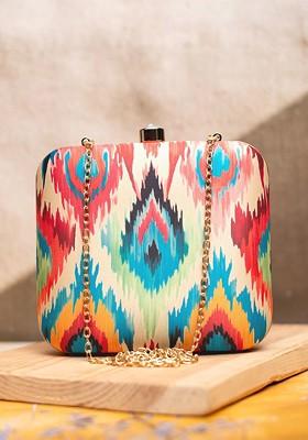 Cream Fabric Ikkat Printed Box Clutch