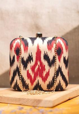 Cream Fabric Ikkat Printed Box Clutch