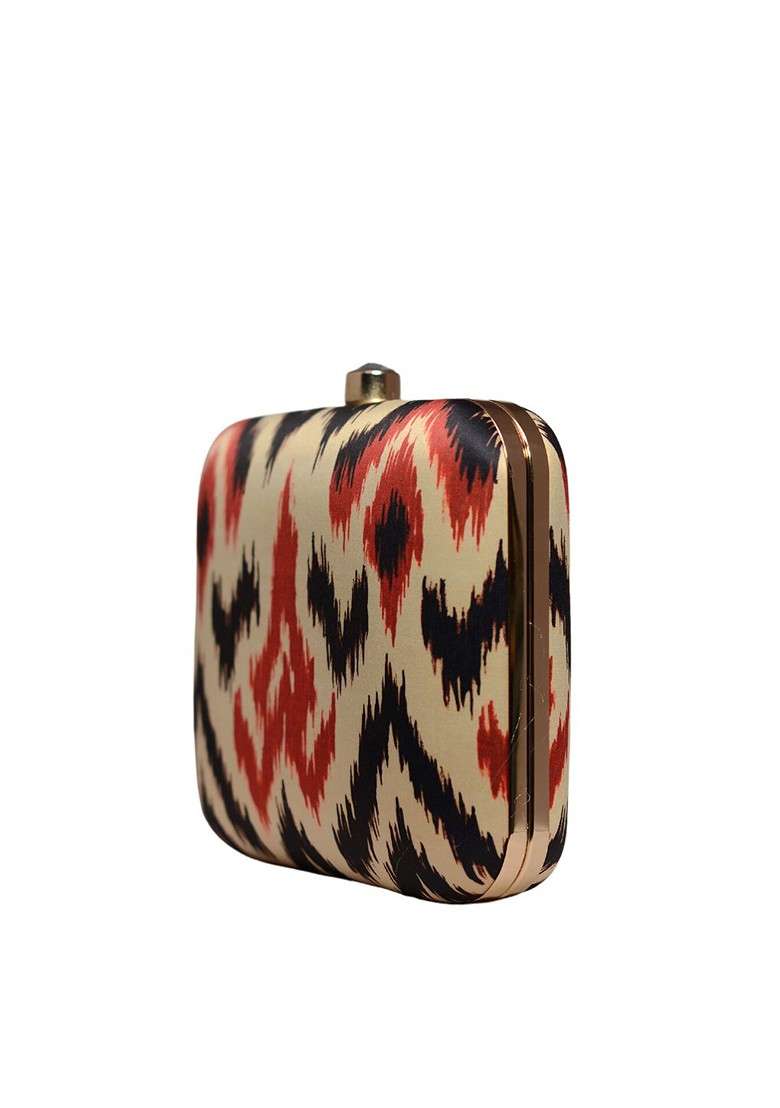 Cream Fabric Ikkat Printed Box Clutch - Indya
