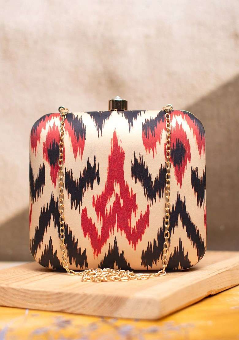 Cream Fabric Ikkat Printed Box Clutch - Indya