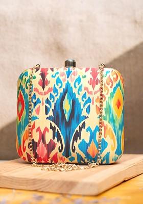 Cream Fabric Ikat Printed Box Clutch