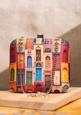 Orange Fabric Graphic Printed Box Clutch