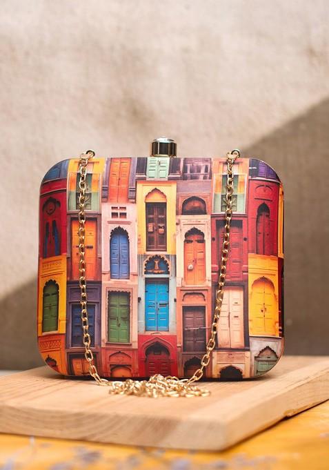 Orange Fabric Graphic Printed Box Clutch