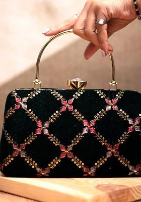 Green Satin Embroidered Sequined Box Clutch