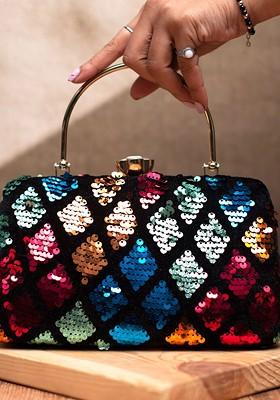 Black Satin Embellished Box Clutch