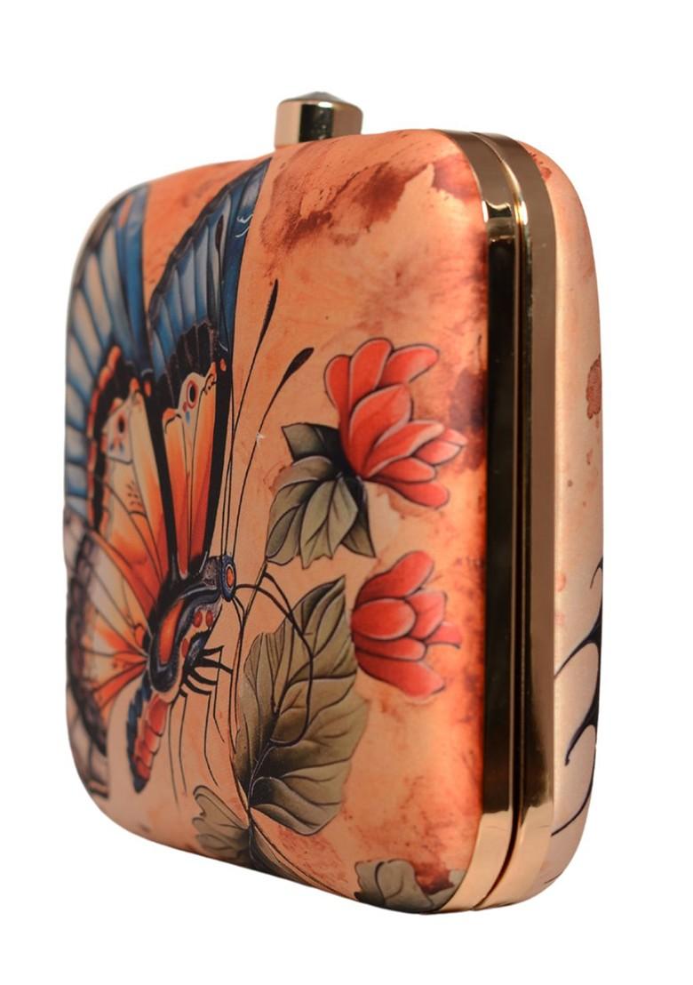 Orange Fabric Floral Printed Box Clutch - Indya