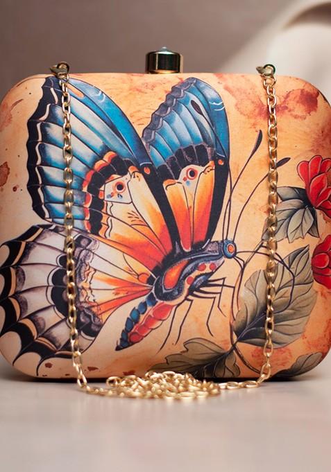 Orange Fabric Floral Printed Box Clutch