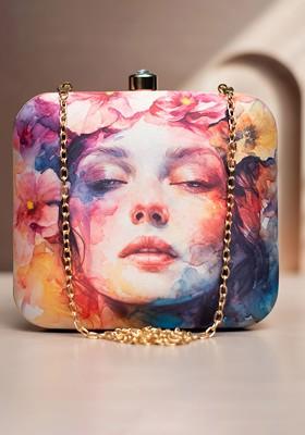 White Fabric Floral Printed Box Clutch
