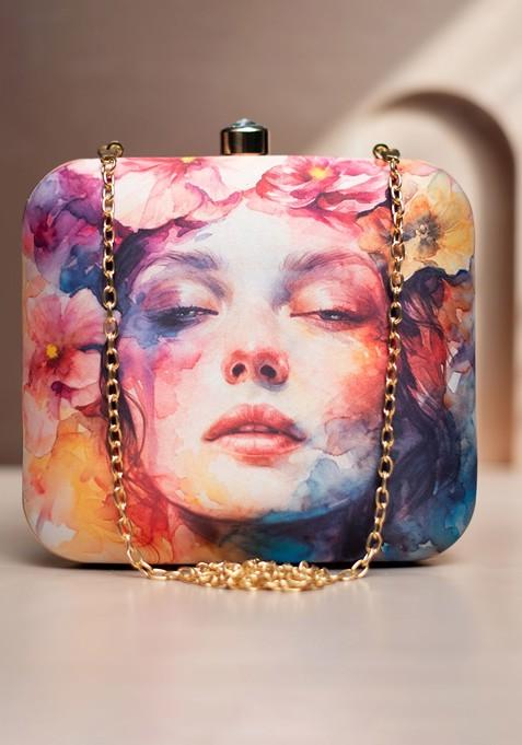 White Fabric Floral Printed Box Clutch