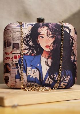 Peach Fabric Graphic Printed Box Clutch