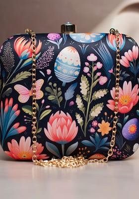 Black Fabric Floral Printed Box Clutch